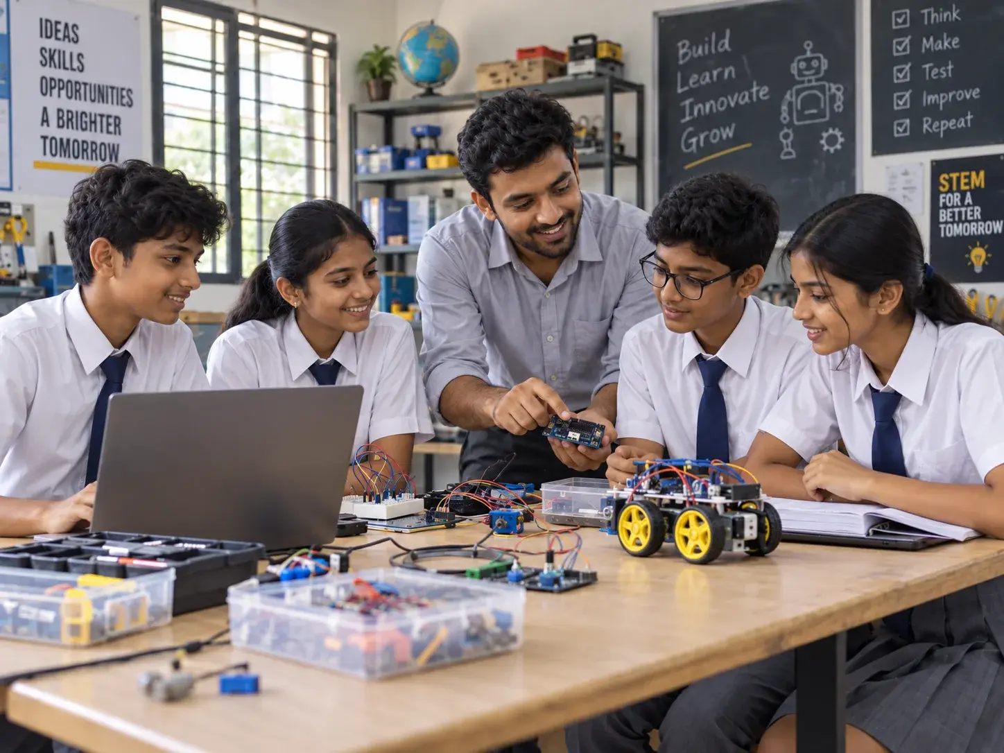 Students building and testing a robotics project