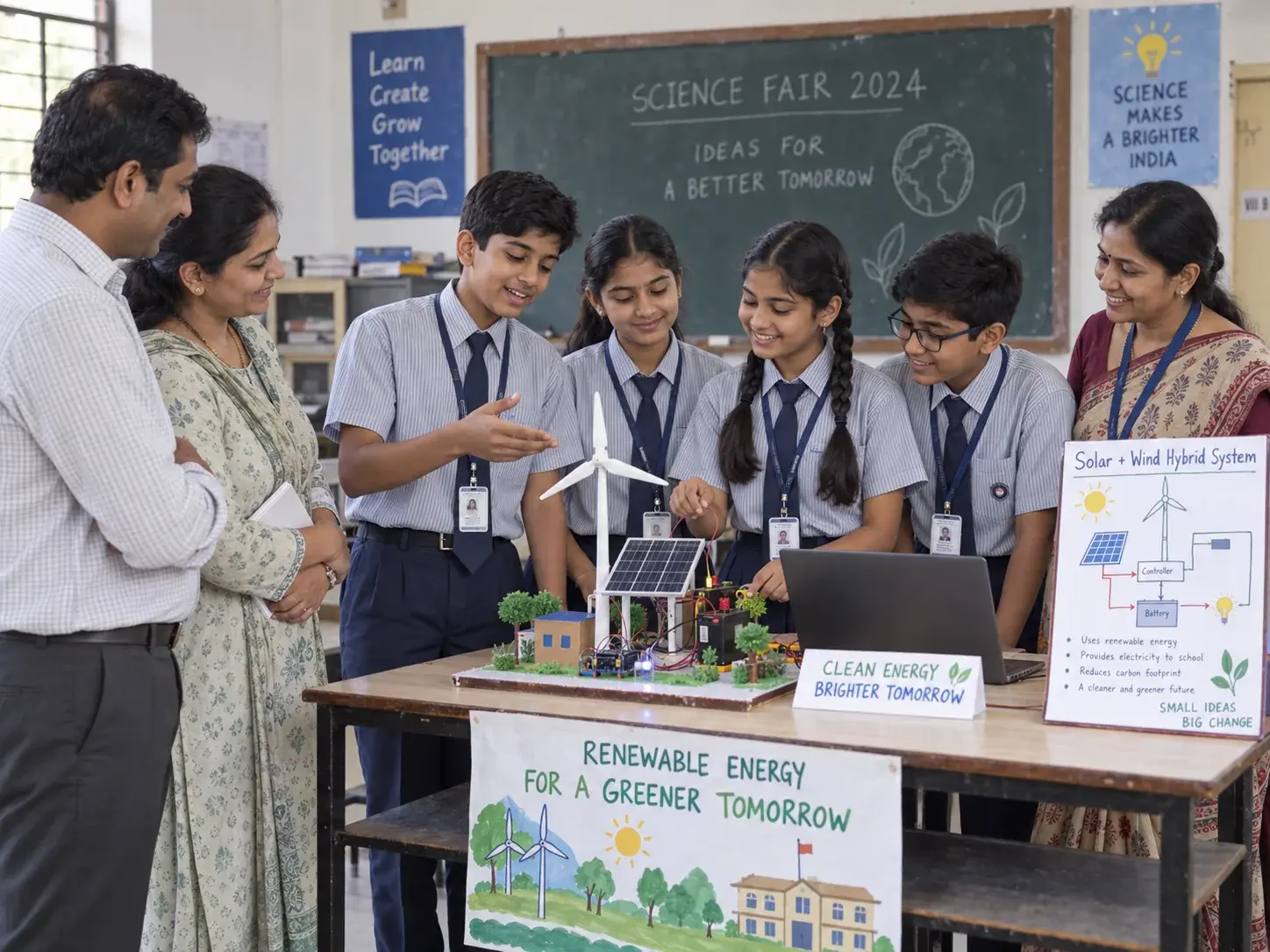Students presenting a project at a school showcase