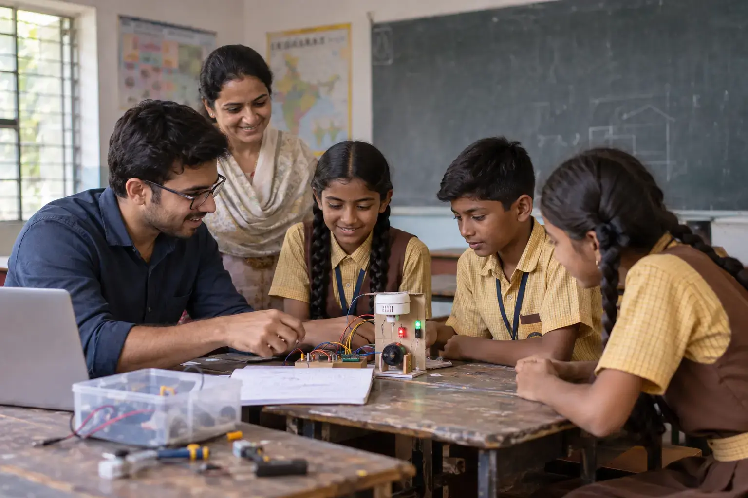 A technology-company volunteer supporting Indian government-school students with a classroom safety-alarm project