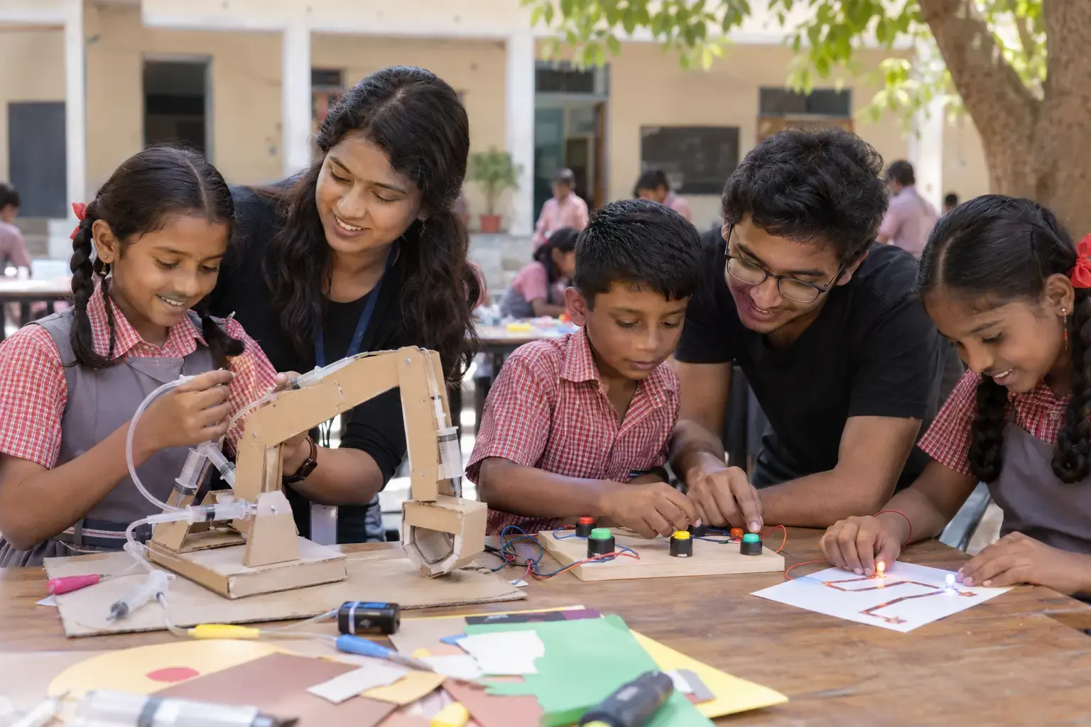 Volunteers guiding Indian government-school students through mechanics, circuits and a buzzer activity