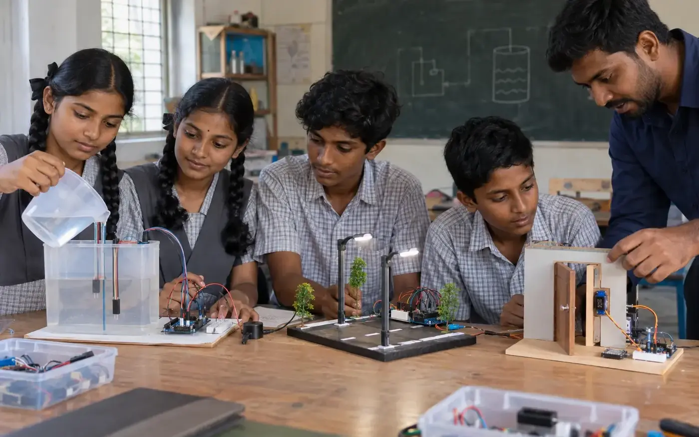 Students explaining and reviewing a hands-on project during a learning session