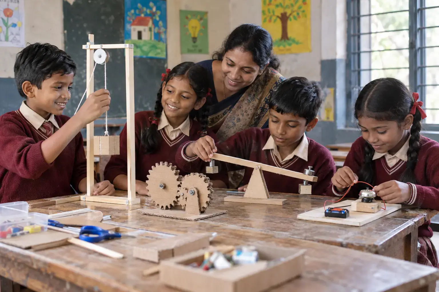 Grades 3–5 Indian government-school students exploring pulleys, gears and a simple electric doorbell