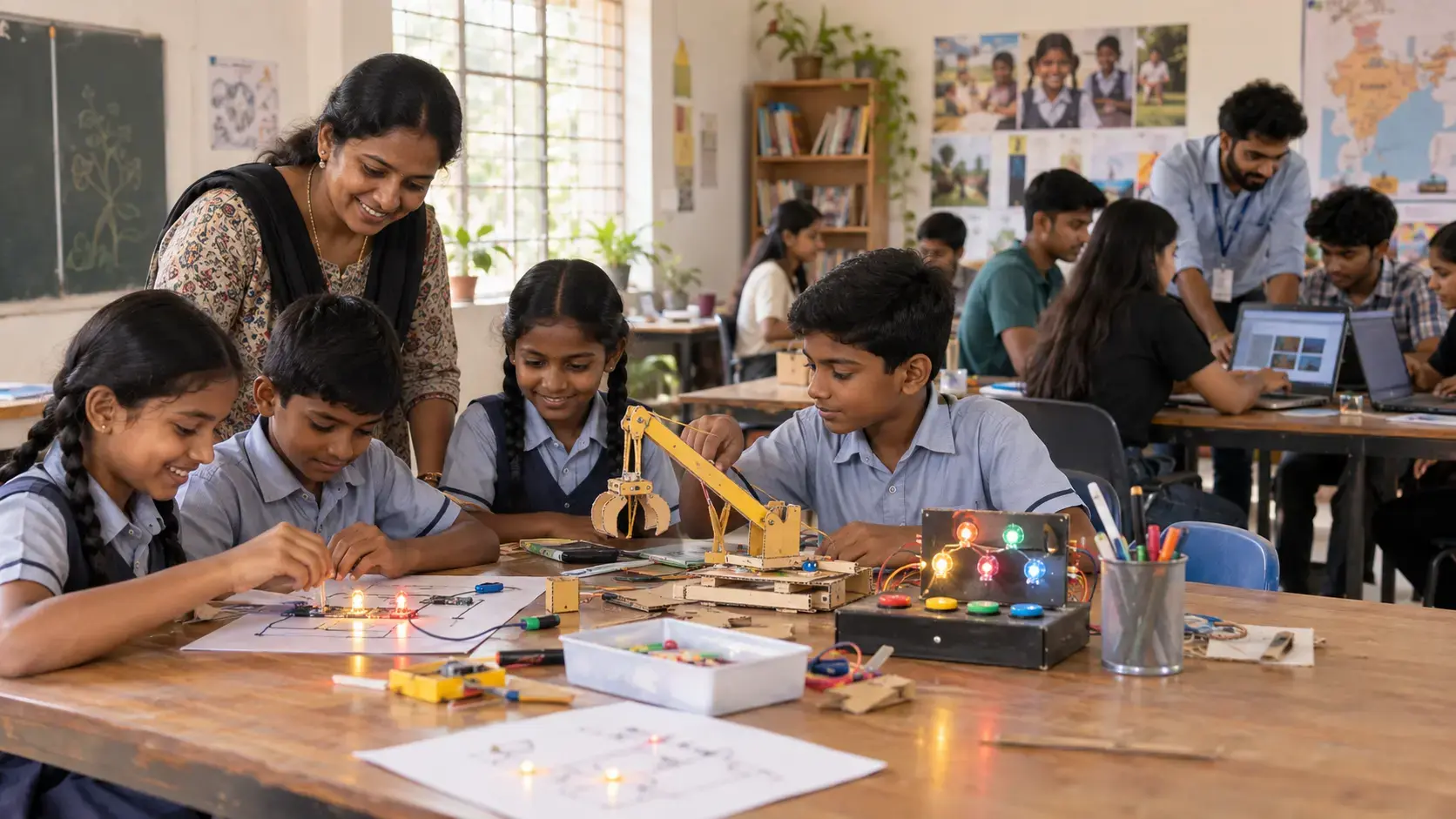 Indian students exploring circuits and mechanics in a practical learning environment