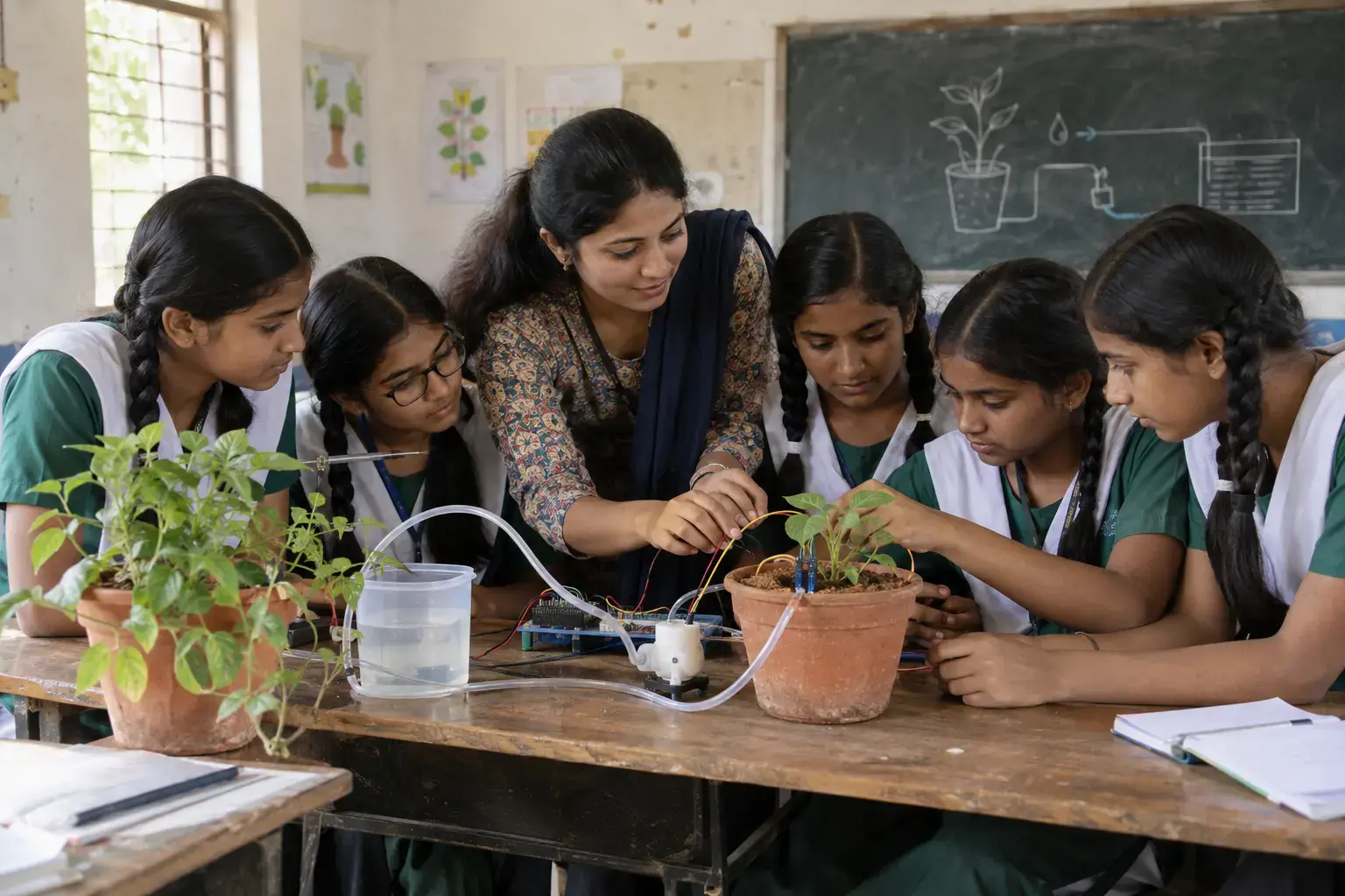 Indian schoolgirls building a soil-moisture sensing and automatic plant-watering project