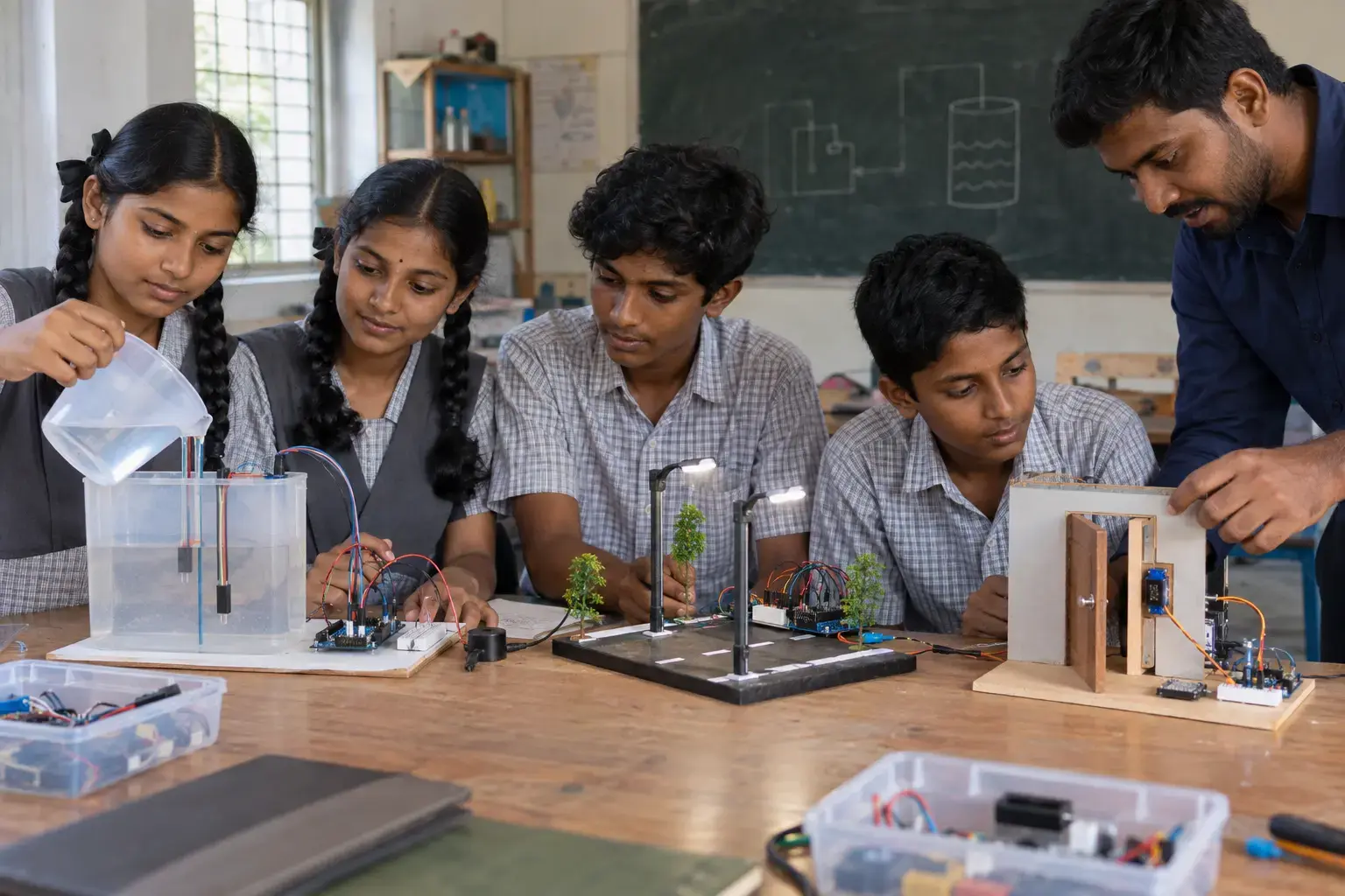 Older Indian students building water-level, smart-lighting and servo automation projects